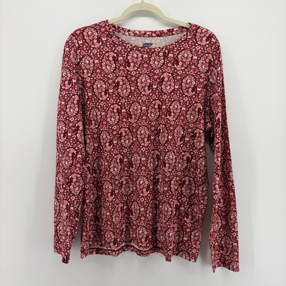 Lands End Womens L 14-16 Red Floral Paisley Long Sleeve Cotton Crew Neck Top